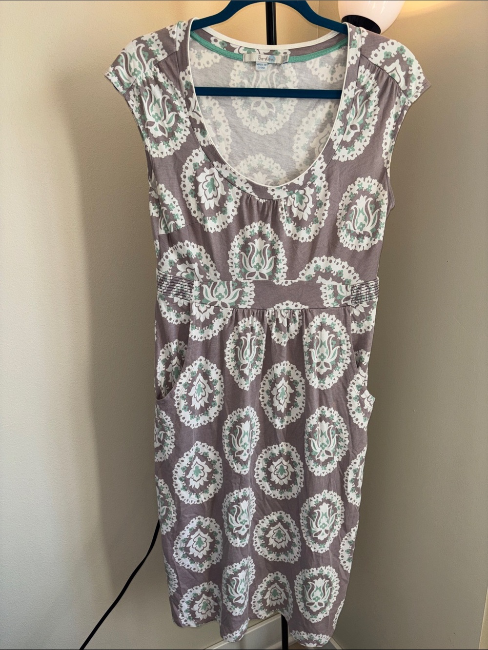 Boden Taupe Dress with Mint & White Medallion Print